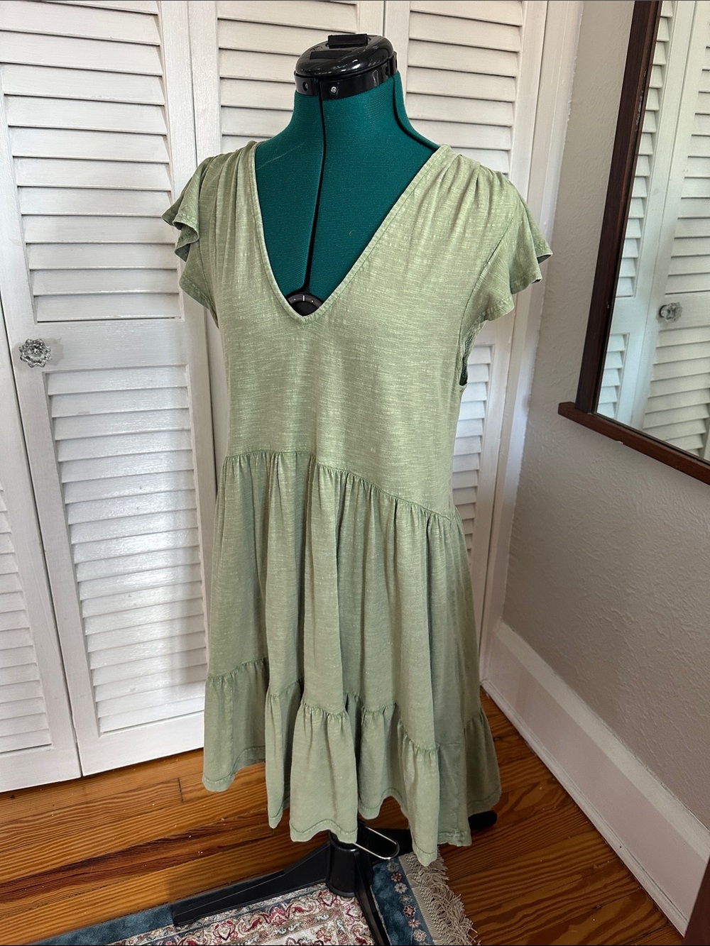 Anthropologie Light Sage Green V-Neck Tiered Dress